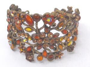 Vtg Rolyn Signed Amber Rhinestone Cuff Bracelet Autumn Floral Filigree Bangle